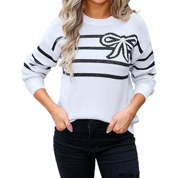 Women Casual Striped Crewneck Knitted Sweater Pullover 2023
